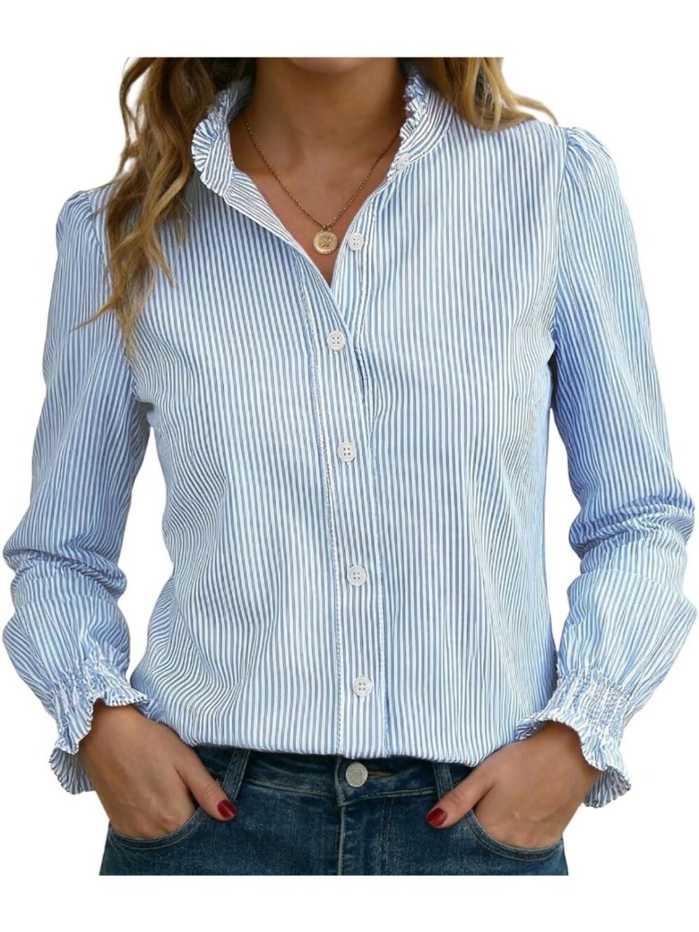 Chic Striped Button Down Blouse - Long Sleeve, Smocked Cuffed, Ruffle Collar